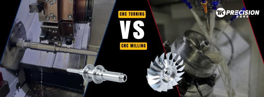 Side-by-side comparison of CNC Turning and CNC Milling processes, featuring a machined shaft and impeller part, highlighting the differences between CNC Turning vs CNC Milling by Tik Precision.
